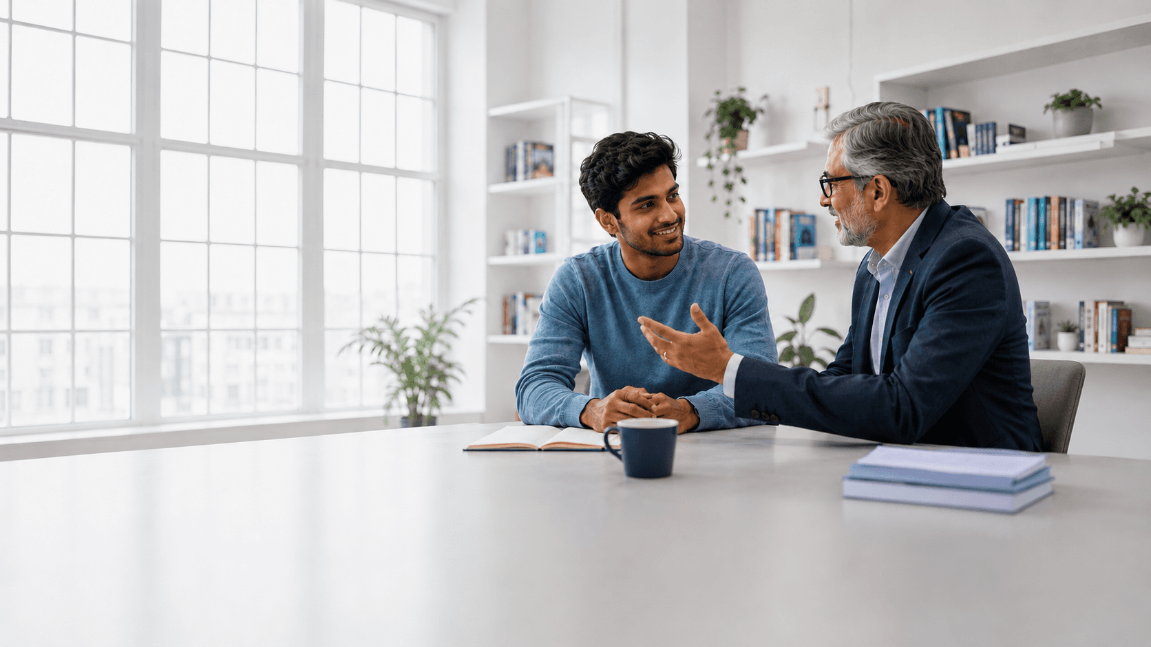 A mentor guiding a mentee in conversation